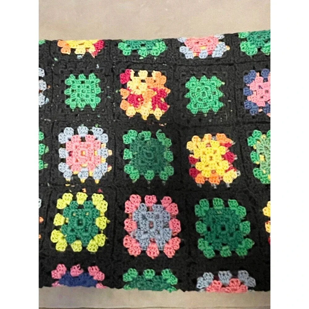 Handmade Crochet Granny Square Afghan Throw Blanket Black Multicolor Vintage
